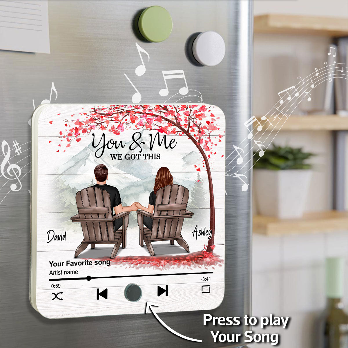 Romantic Mountain Landscape with Blossom Tree Couple Sitting Back View Personalized Music Magnet