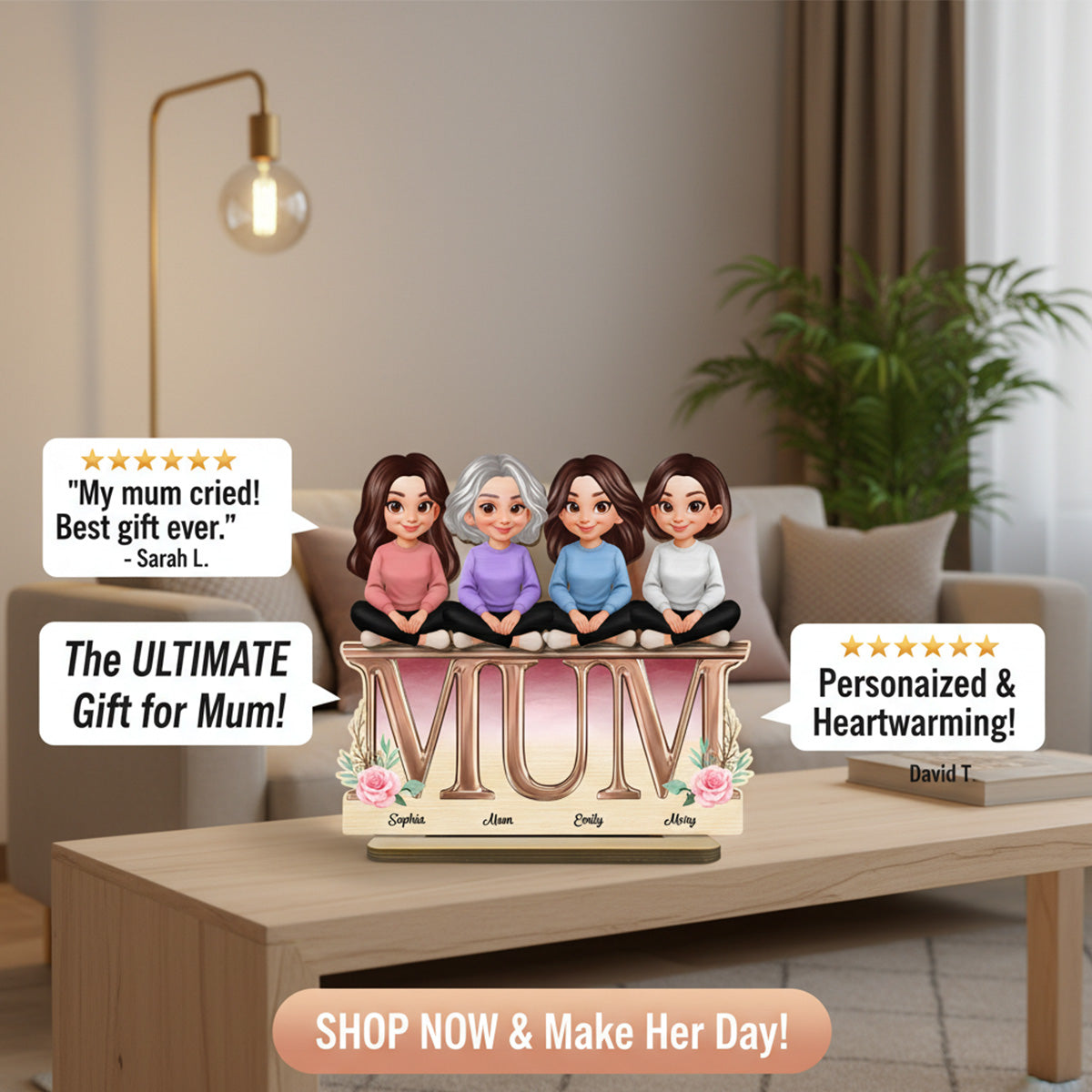 Floral MUM And Daughters Sons - Personalised 2-Layered Wooden Plaque - Gift For Mum