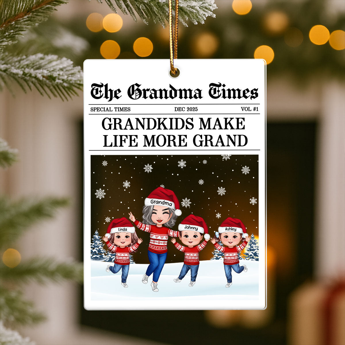 The Grandma Times Grandkids Newspaper - Personalized Acrylic Ornament - Christmas Gift for Grandma