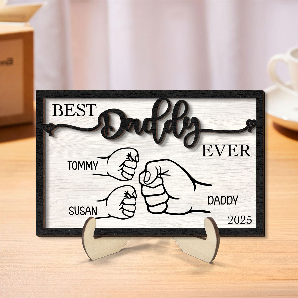 Personalized  Gift, Fist Bump Dad and Kids 2-Layer Wooden Plaque