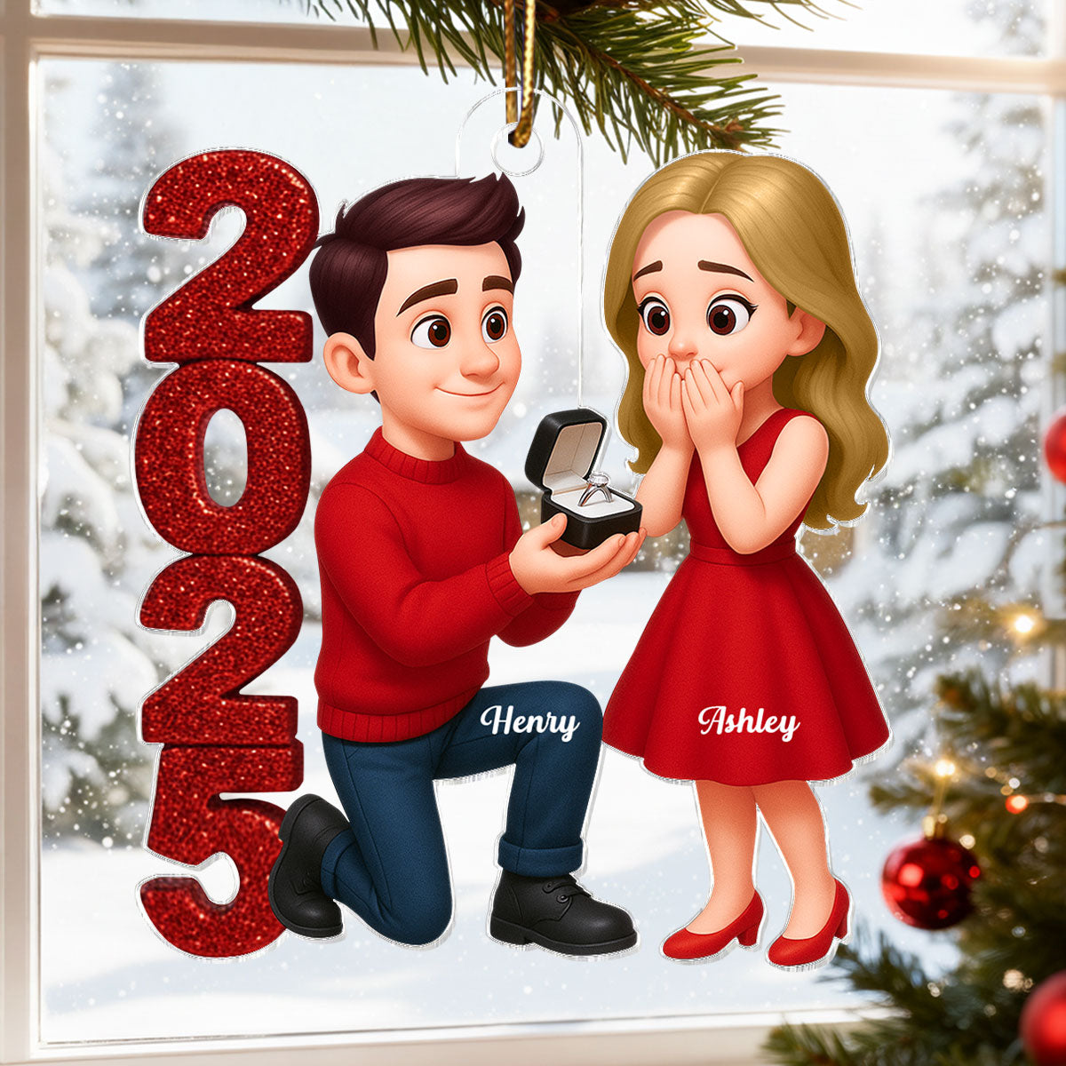 3D Glitter Effect 2025 Marriage Proposal Couple - Personalized Acrylic Ornament - Newly Engaged Gift, ""She Said Yes!"" Ornament