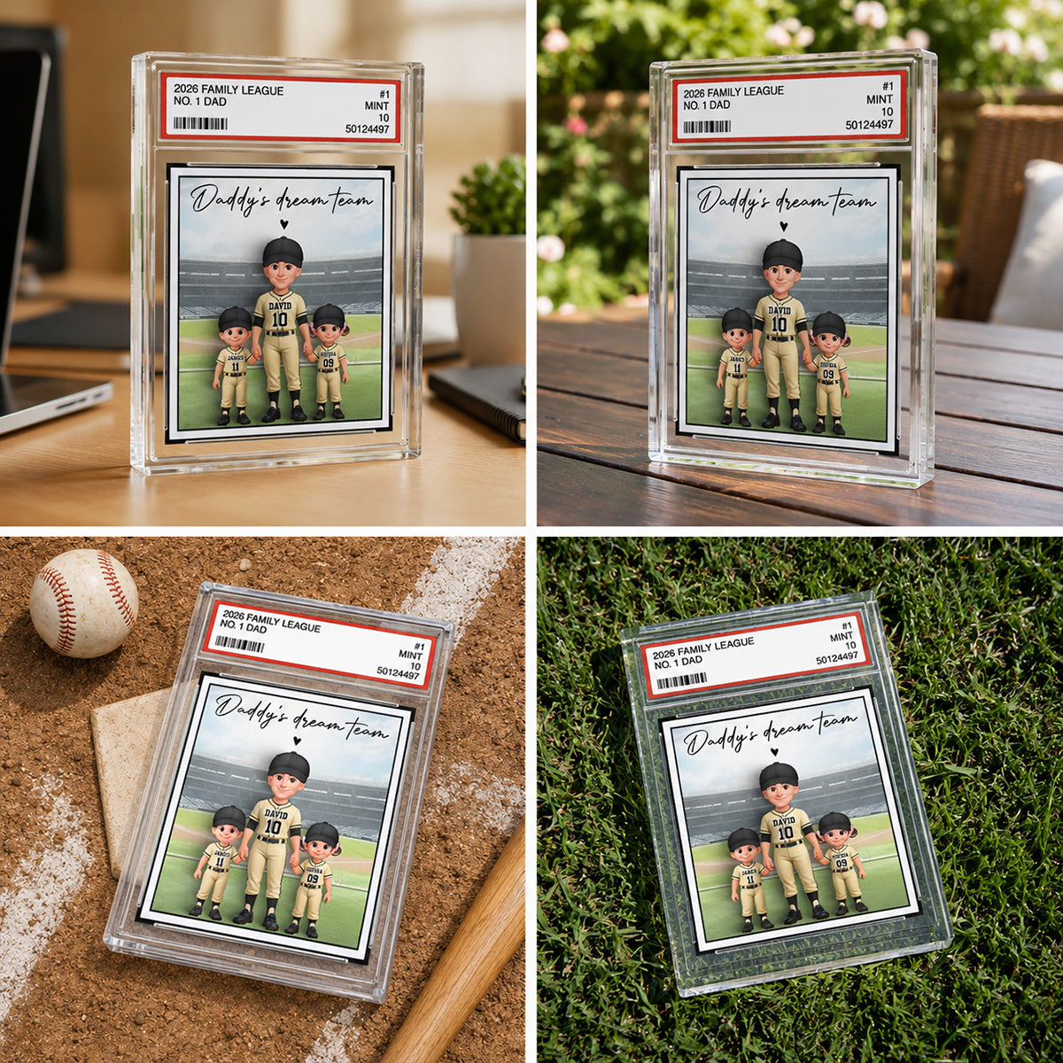 Baseball No. 1 Dad Man & Kids Standing On Court Trading Card Style - Personalized Acrylic Block Plaque -  Gift For Baseball Dad