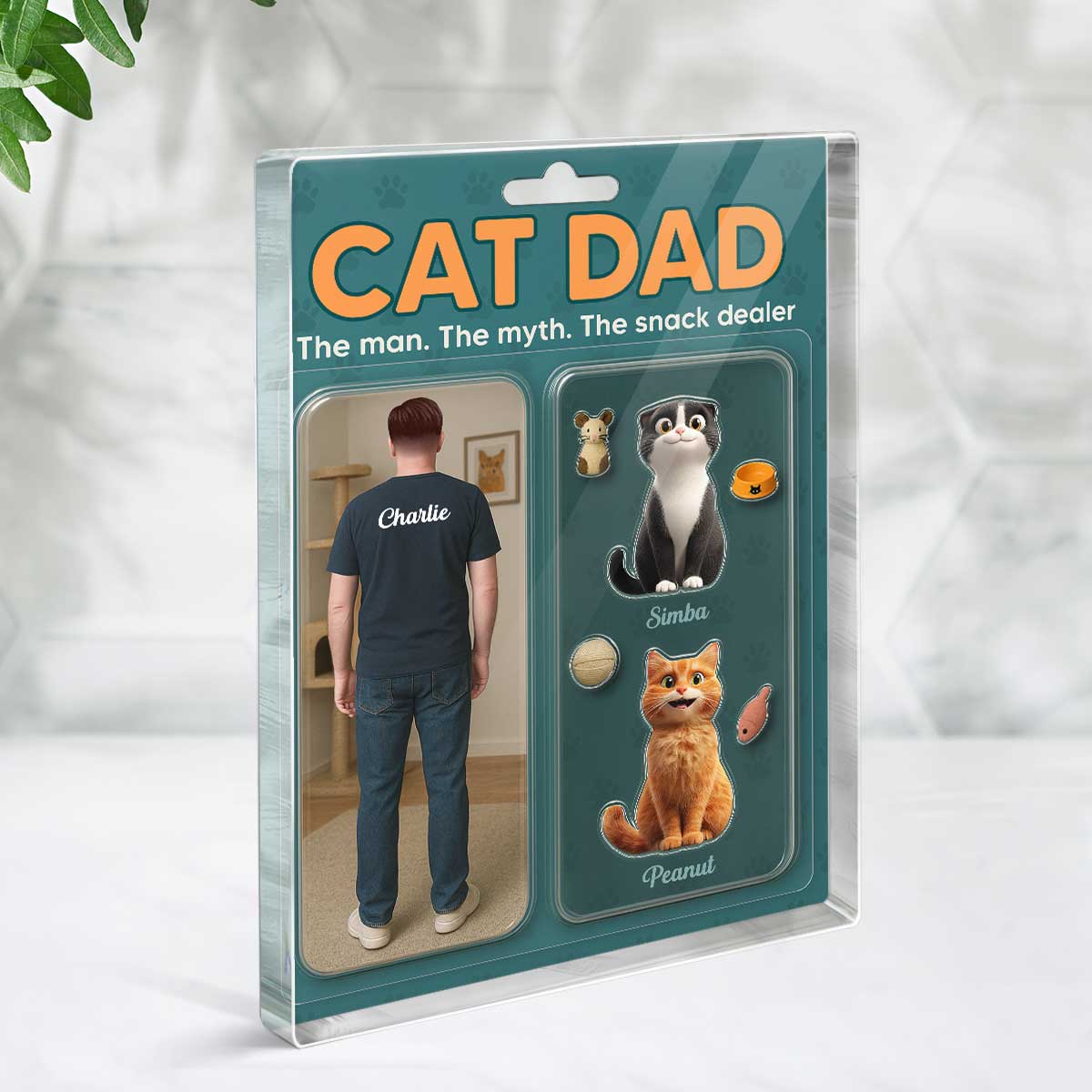 Cat Dad Realistic Figures Style Personalized Acrylic Block Plaque,  Gift for Cat Lover