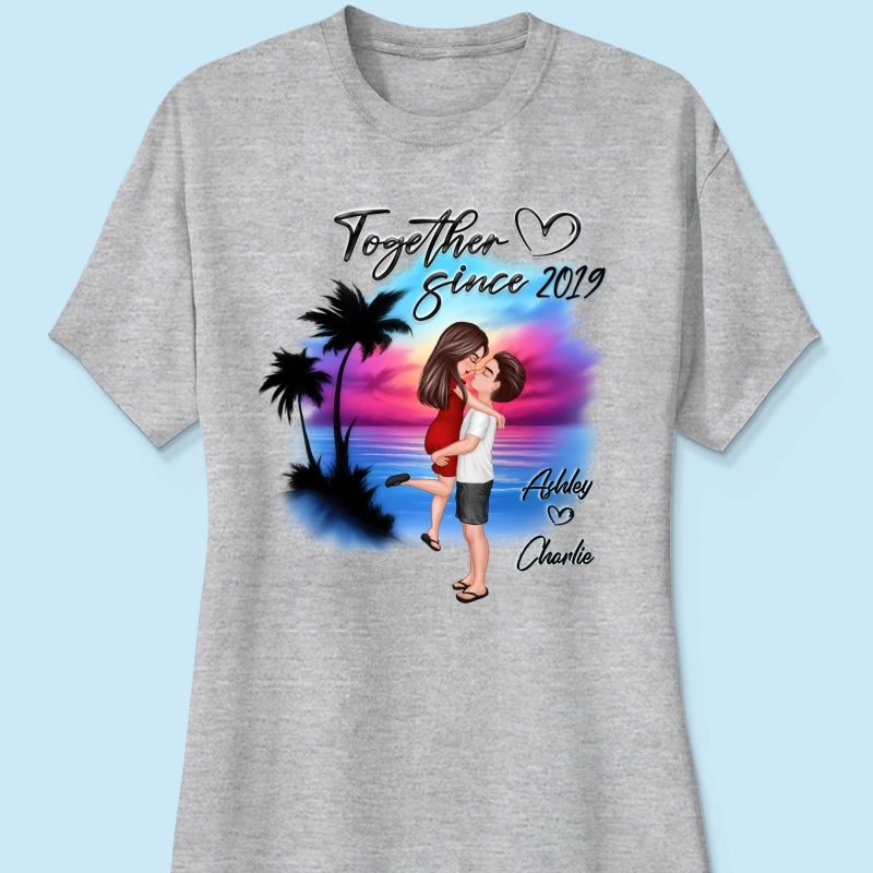 Couple Hugging Kissing Airbrushed Beach Scene Personalized Shirt