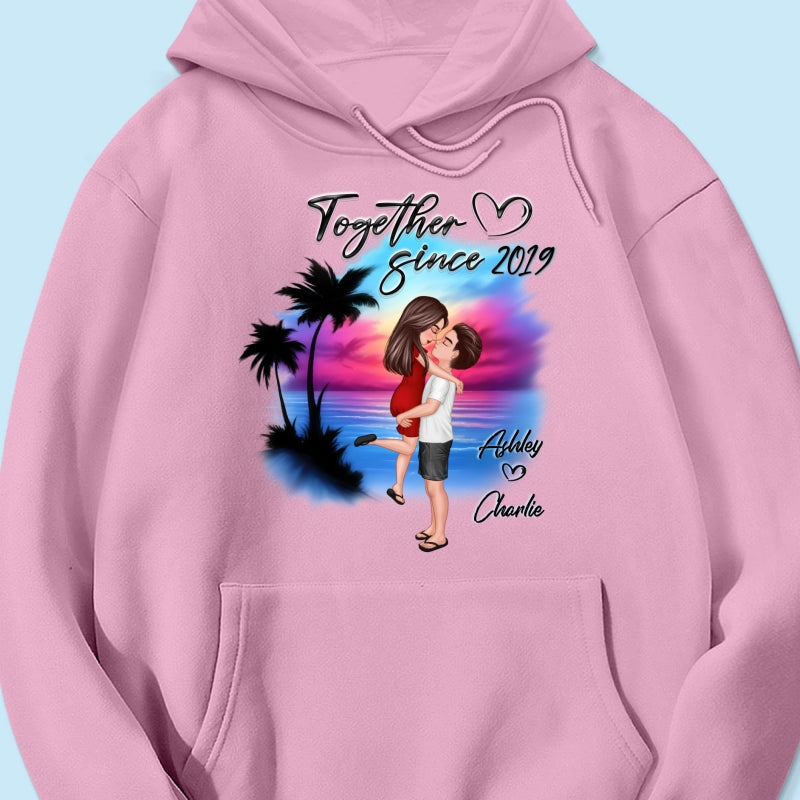 Couple Hugging Kissing Airbrushed Beach Scene Personalized Shirt
