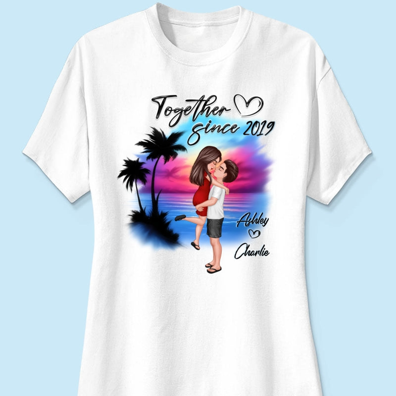 Couple Hugging Kissing Airbrushed Beach Scene Personalized Shirt