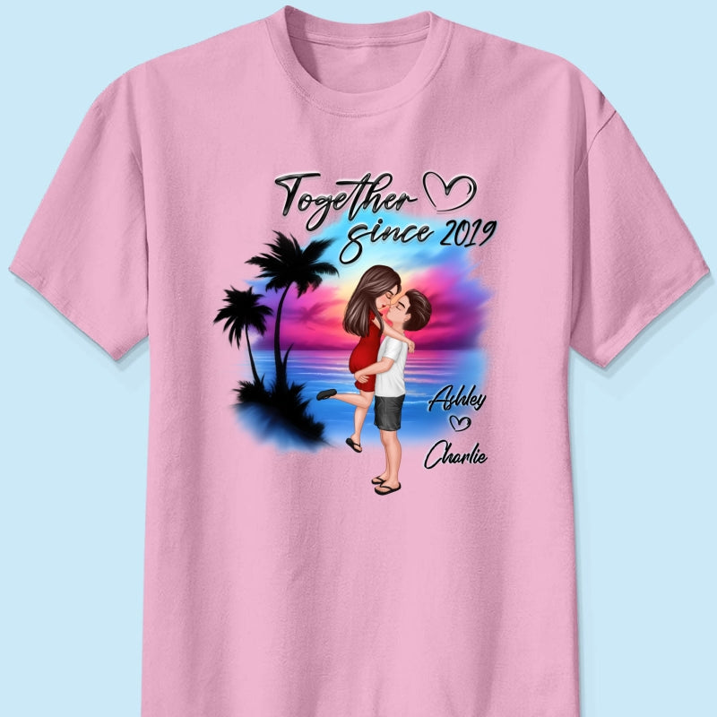 Couple Hugging Kissing Airbrushed Beach Scene Personalized Shirt
