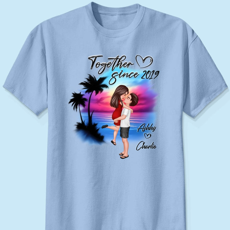 Couple Hugging Kissing Airbrushed Beach Scene Personalized Shirt