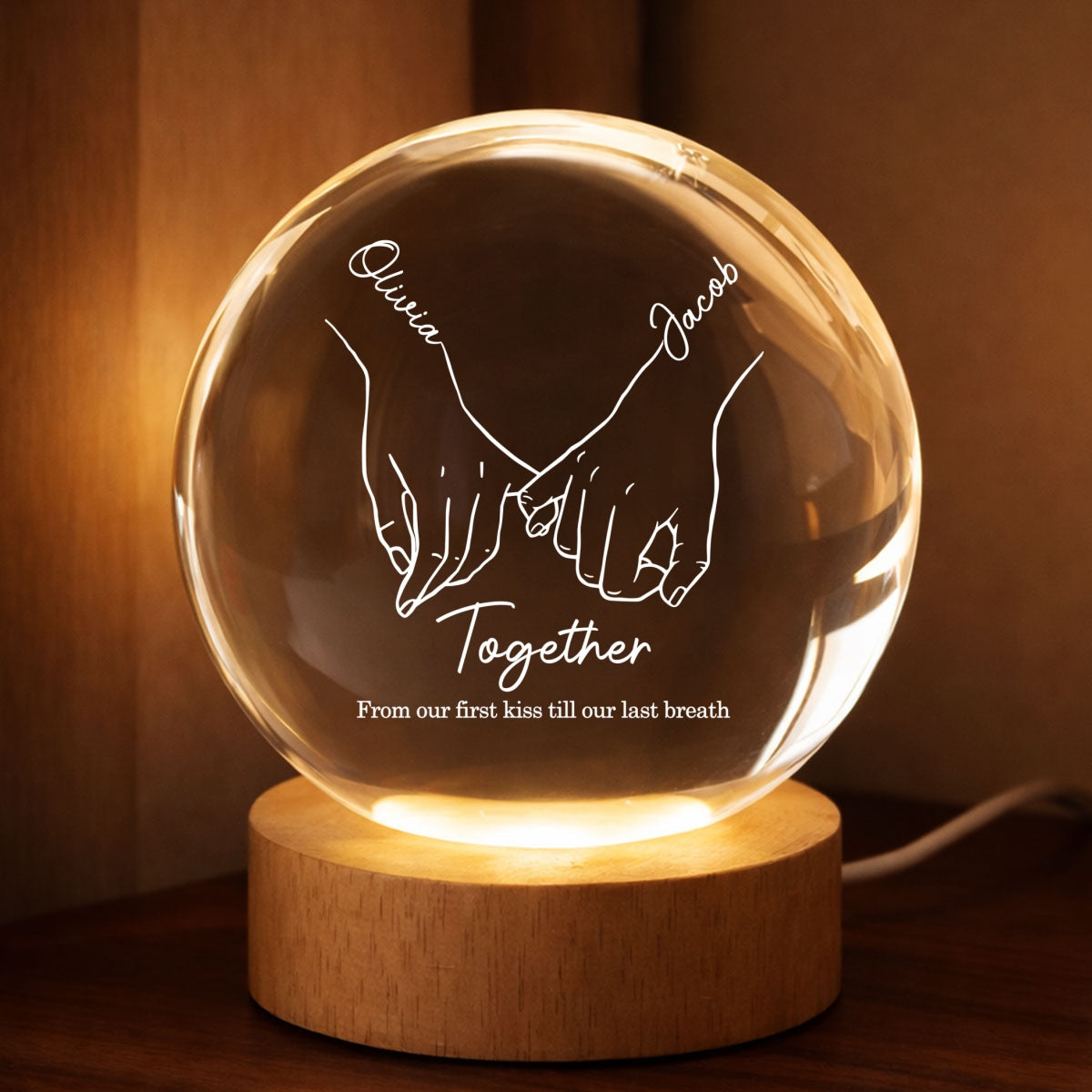 Couple Interlocked Hands - Personalized Crystal Ball LED Night Light - Sentimental Gift for Her, for Him, Couple Keepsake