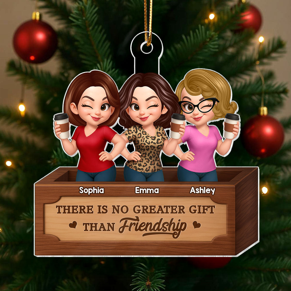 Pretty Besties Sisters Inside Christmas Wooden Crate 3D Effect Personalized Acrylic Ornament
