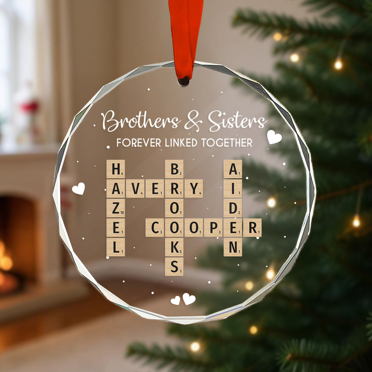 Brothers Sisters Siblings Forever Linked Together Crossword Puzzle Art - Personalized Glass Ornament - Gift For Siblings