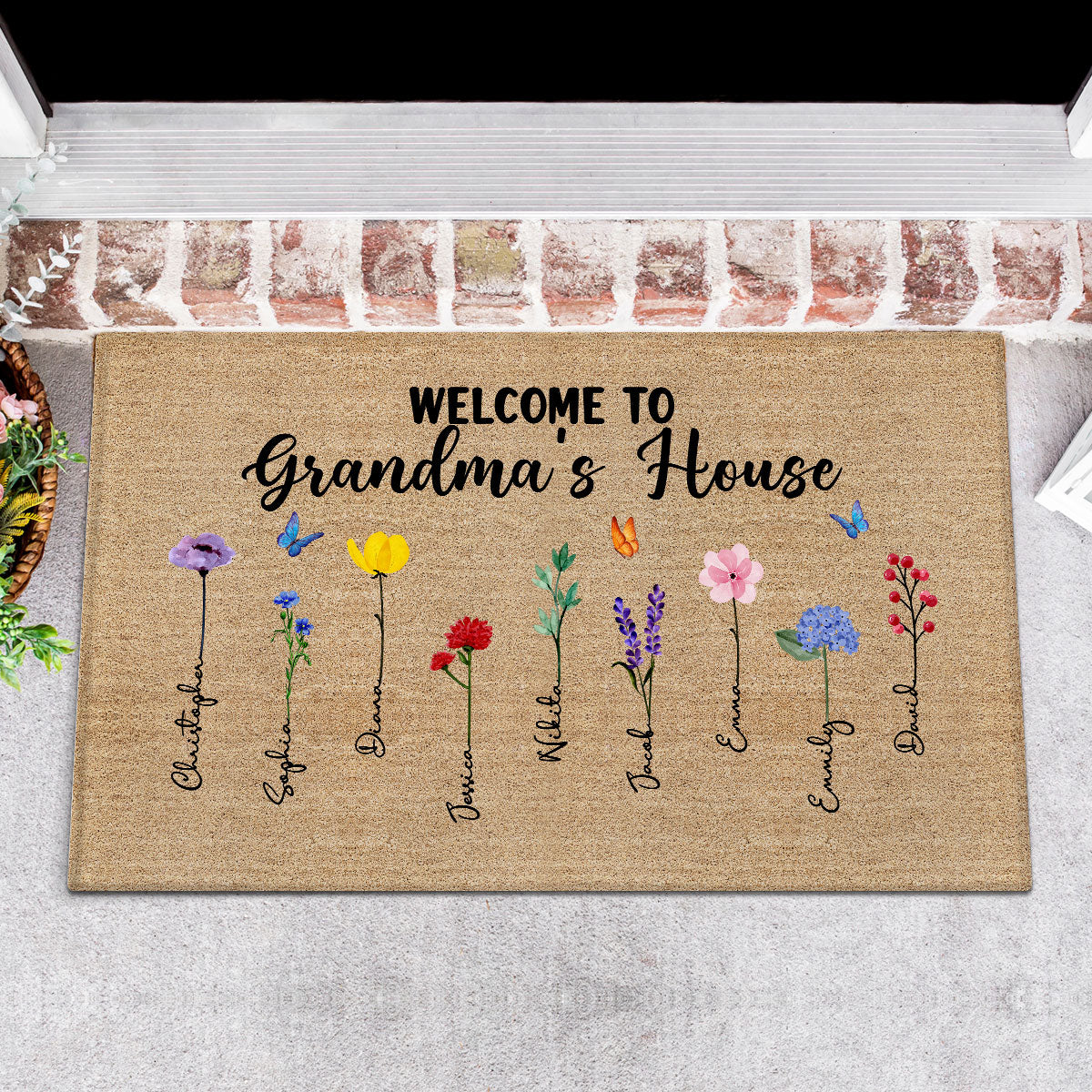 Welcome To Grandma Nana House Watercolor Birth Flowers Personalized Doormat