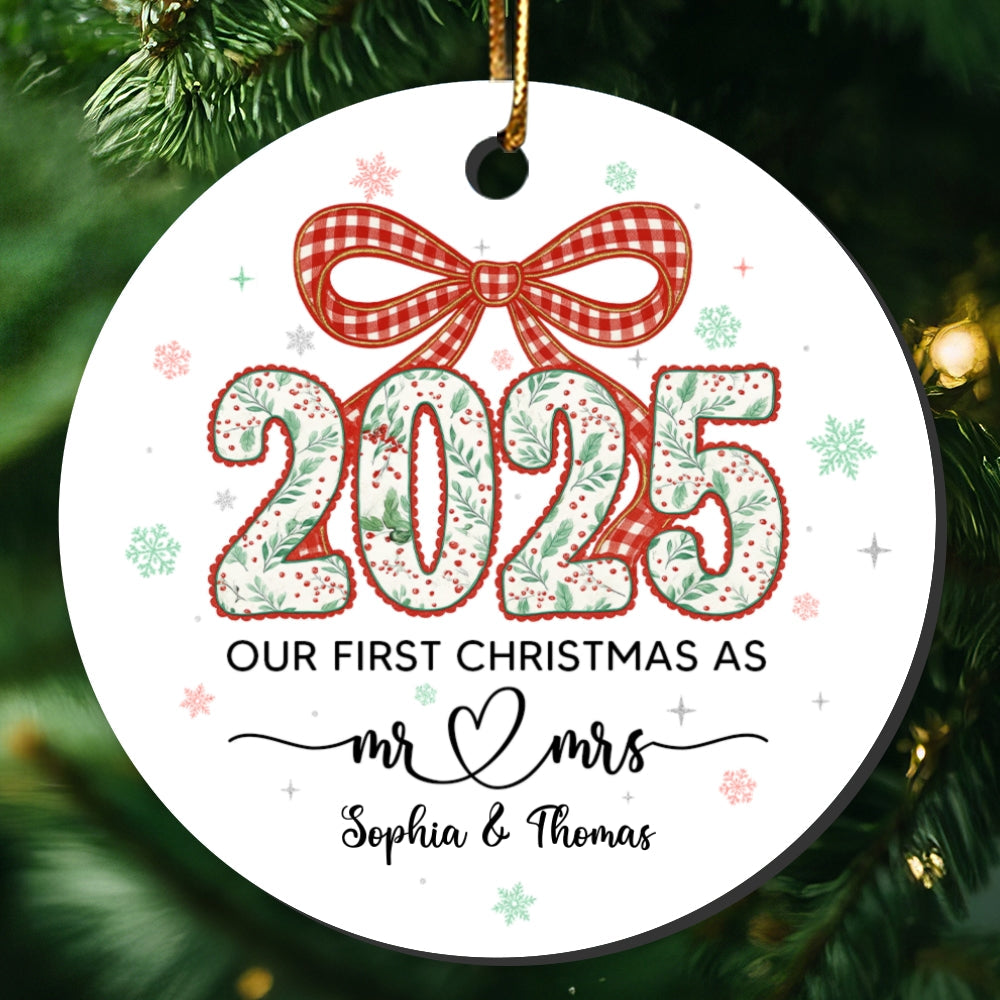 2025 First Christmas As Mr. & Mrs. Christmas Greenery Theme - Personalized Ceramic Ornament - Married, Engagement Gift for Couples