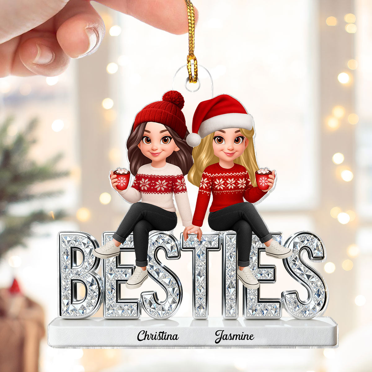 3D Shinning Effect Besties - Personalized Acrylic Car Hanger - Heartwarming Gift For Best Friends, Matching Group Ornaments