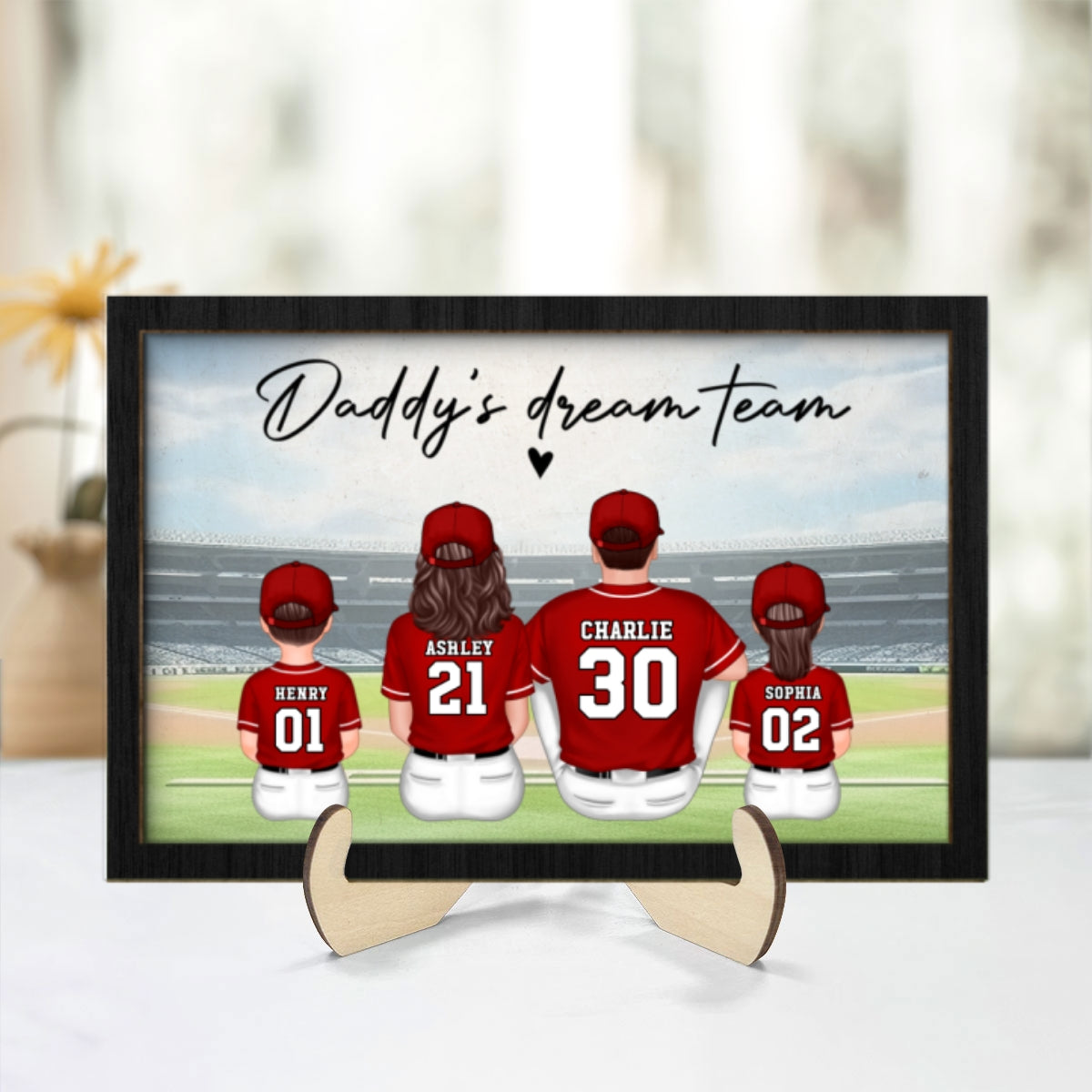 Daddy's Team Baseball Family Sitting Personalized 2-Layer Wooden Plaque,  Gift For Dad, Grandpa, Husband