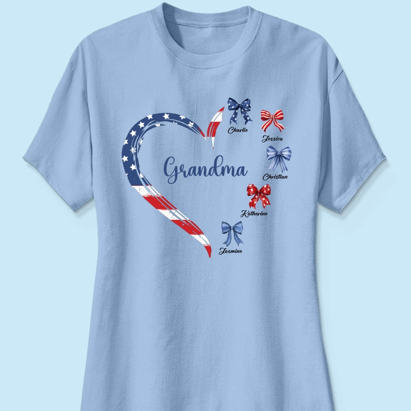 Proud American Grandma Mom Heart Bow Personalized Shirt