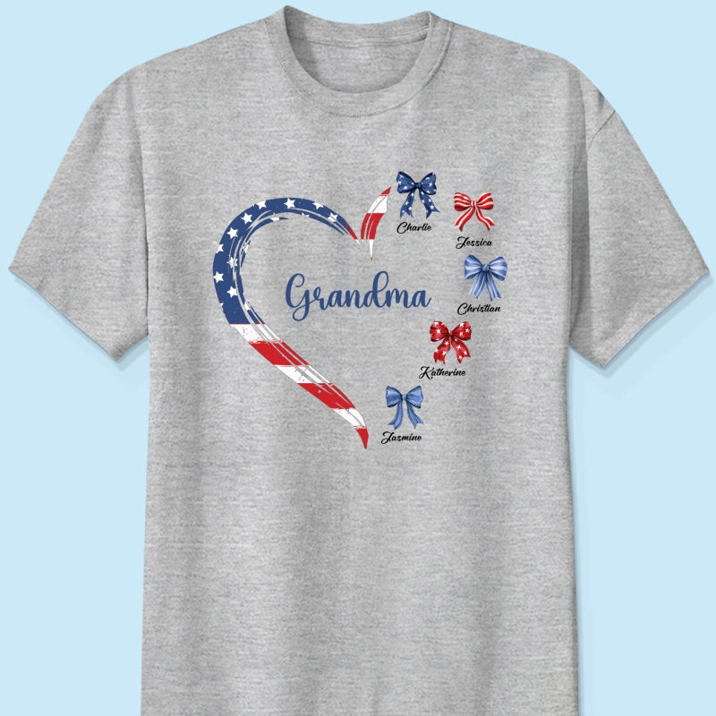 Proud American Grandma Mom Heart Bow Personalized Shirt