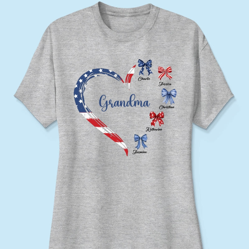 Proud American Grandma Mom Heart Bow Personalized Shirt