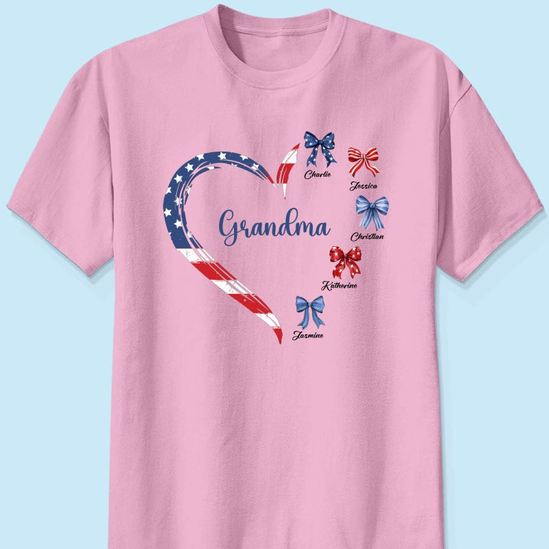 Proud American Grandma Mom Heart Bow Personalized Shirt