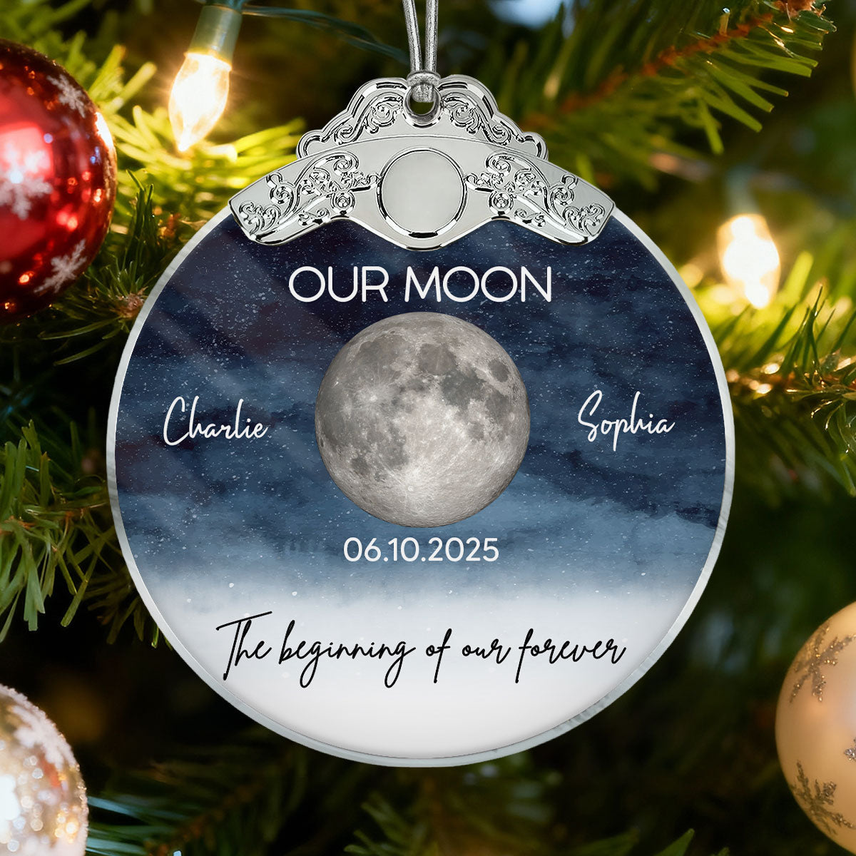 Starry Night Moon Phase Couple The Beginning Of Our Forever - Personalized Glass Ornament With Silver Cap