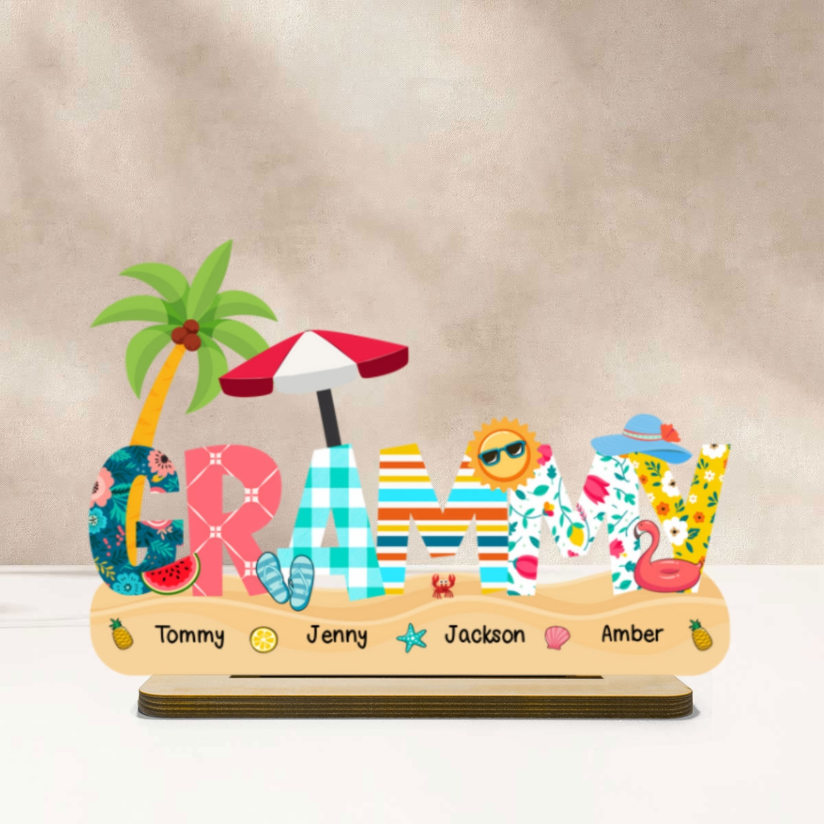 Summer Grandma Mom Pattern Personalized 2-Layer Standing Wooden Plaque