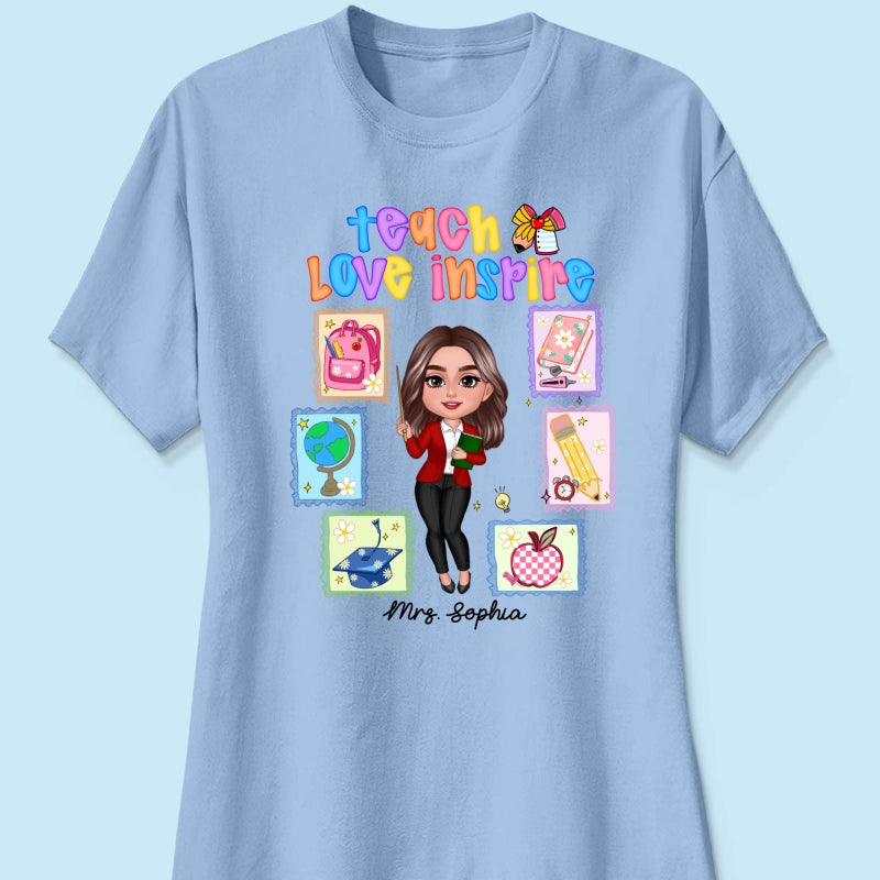 Teach Love Inspire Preppy School Thing Stamp Teacher Personalized Shirt, Back to School