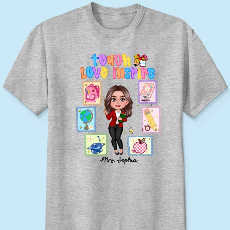 Teach Love Inspire Preppy School Thing Stamp Teacher Personalized Shirt, Back to School