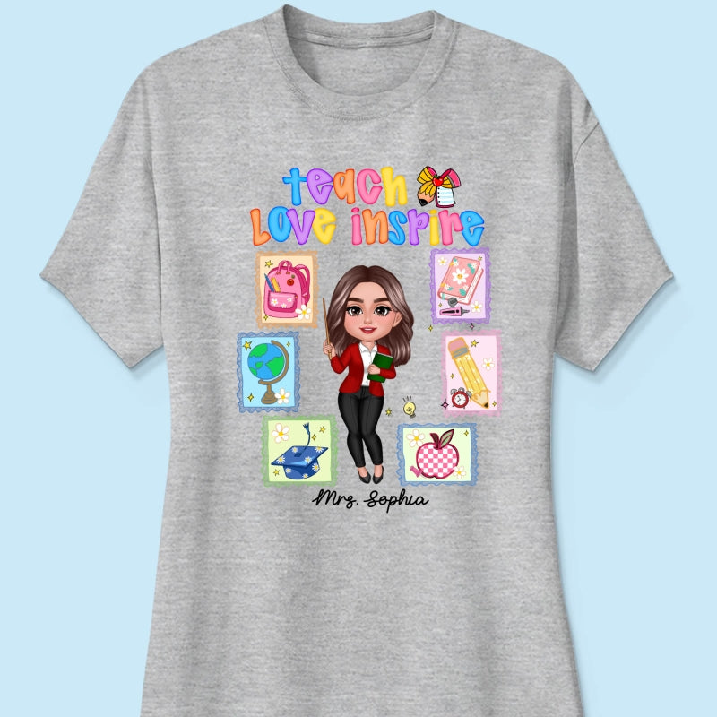 Teach Love Inspire Preppy School Thing Stamp Teacher Personalized Shirt, Back to School