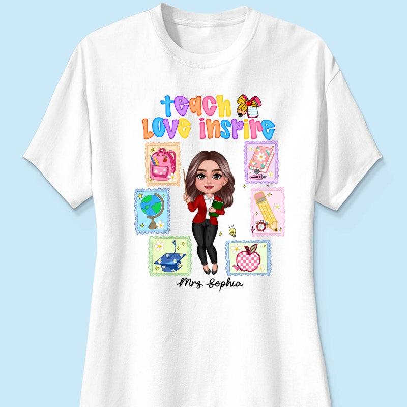 Teach Love Inspire Preppy School Thing Stamp Teacher Personalized Shirt, Back to School