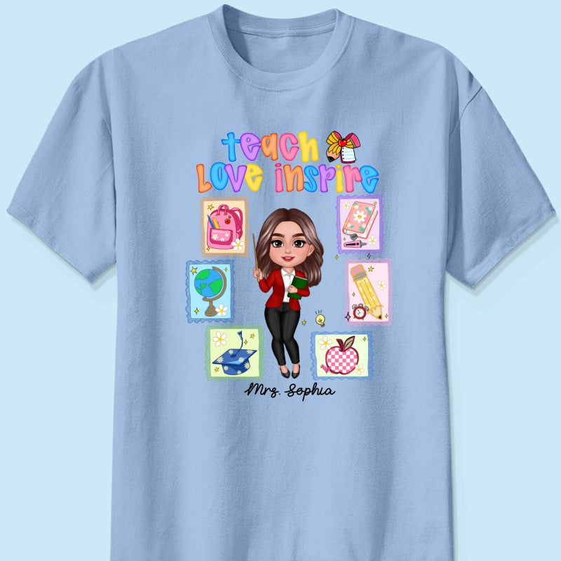 Teach Love Inspire Preppy School Thing Stamp Teacher Personalized Shirt, Back to School