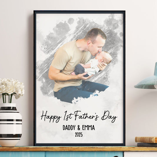 Father's Day Gifts, Watercolor Style Happy 1st Father's Day - Personalized Photo Poster/Canvas