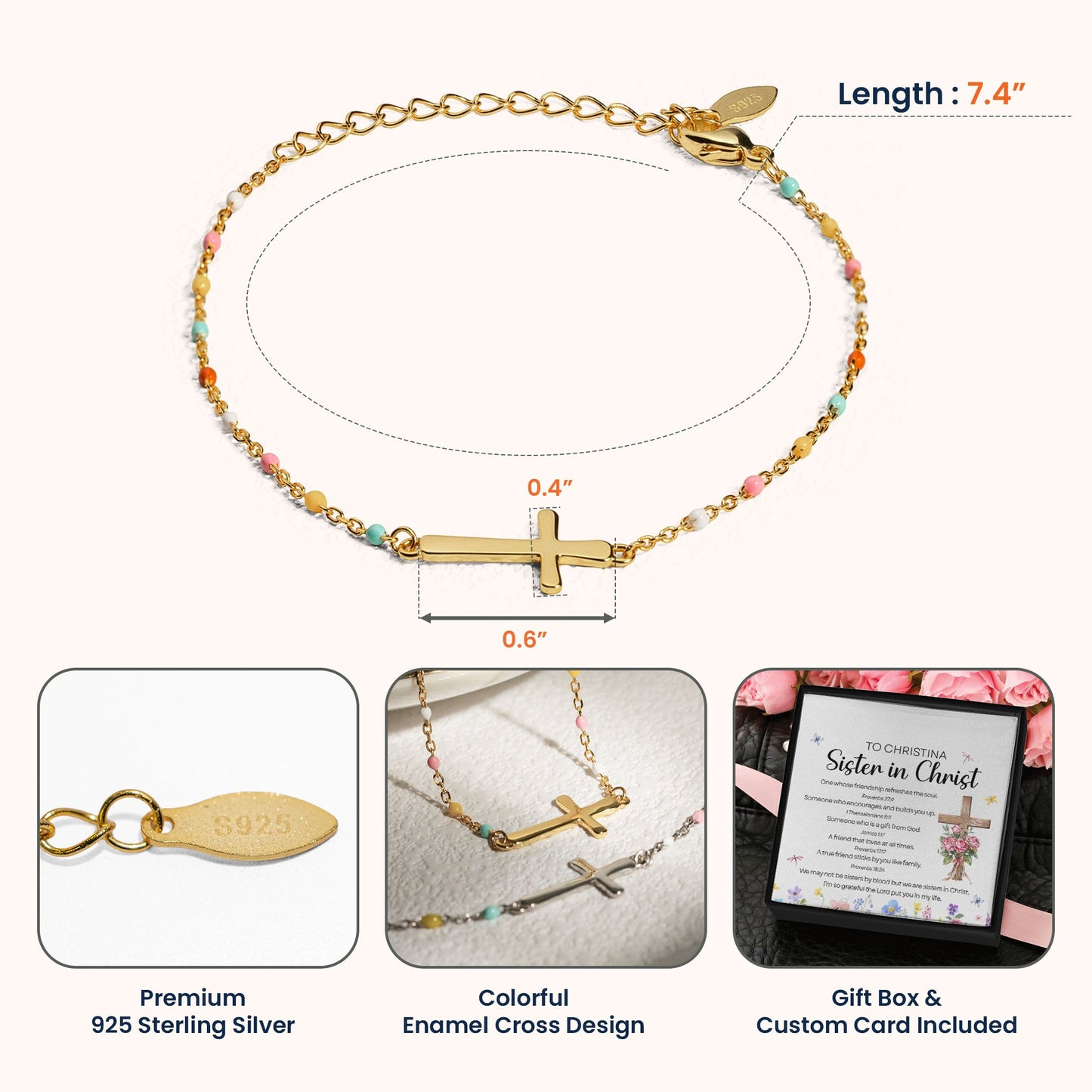 We Are Sisters In Christ - Cross Bracelet With Custom Card