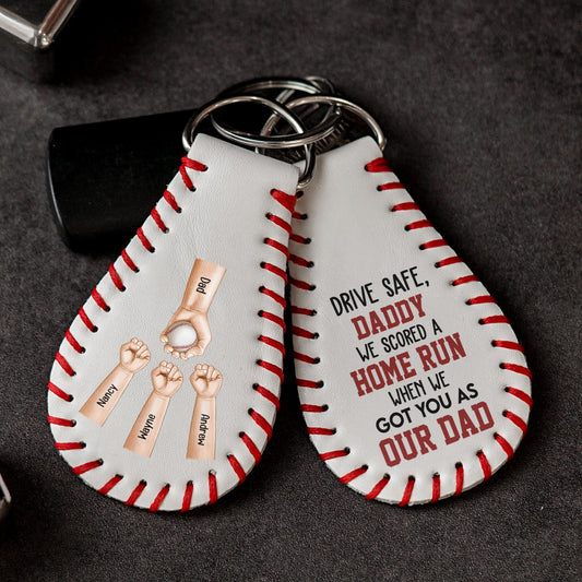 Father's Day Gifts, We Scored A Home Run When We Got You As Our Dad - Personalized Leather Baseball Keychain