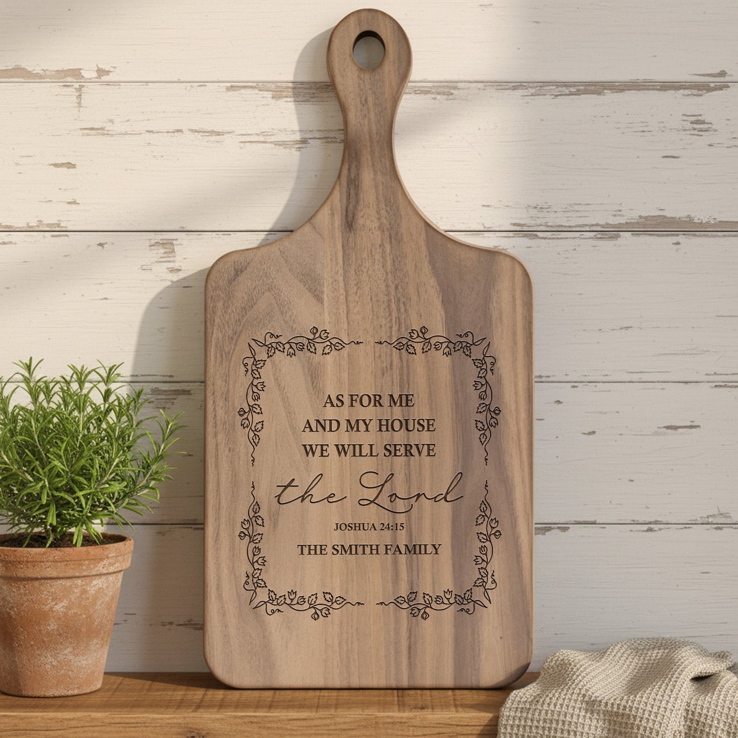We Will Serve The Lord - Joshua 24:15 - Personalized Paddle Cutting Board