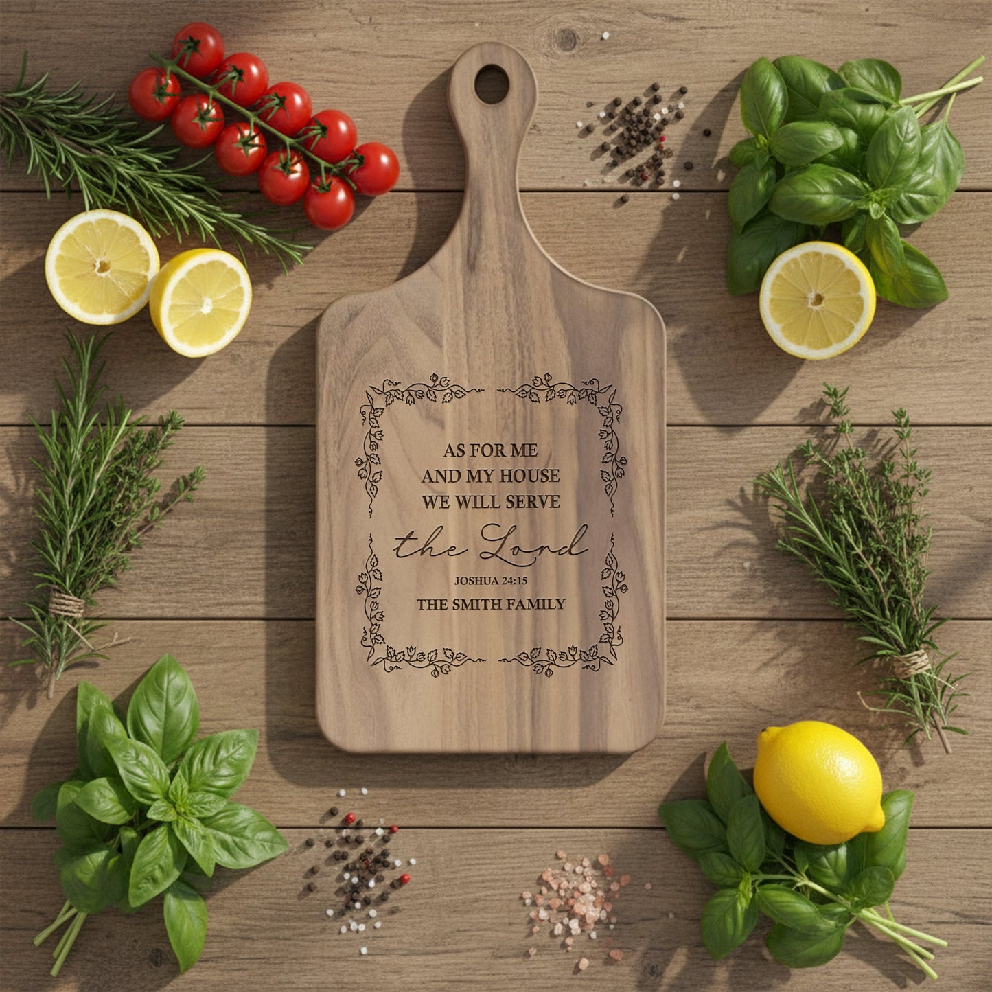 We Will Serve The Lord - Joshua 24:15 - Personalized Paddle Cutting Board