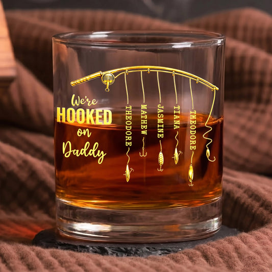 Father's Day Gifts, We're Hooked On Daddy Custom Kids' Names - Personalized Whiskey Glass
