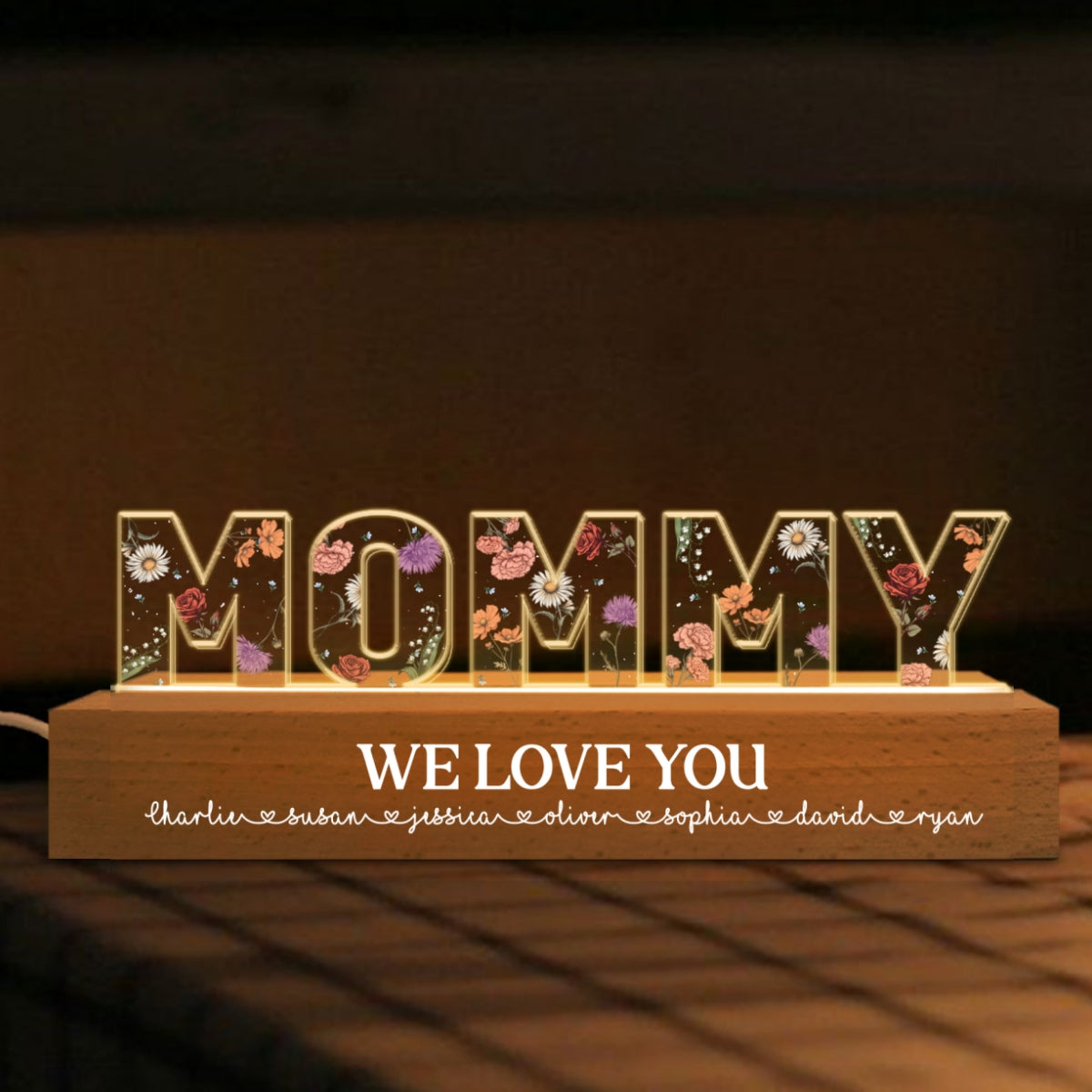 Custom Flower Printed LED Night Light, Birth Month Flower, Heartfelt Gift For Mom, Grandma