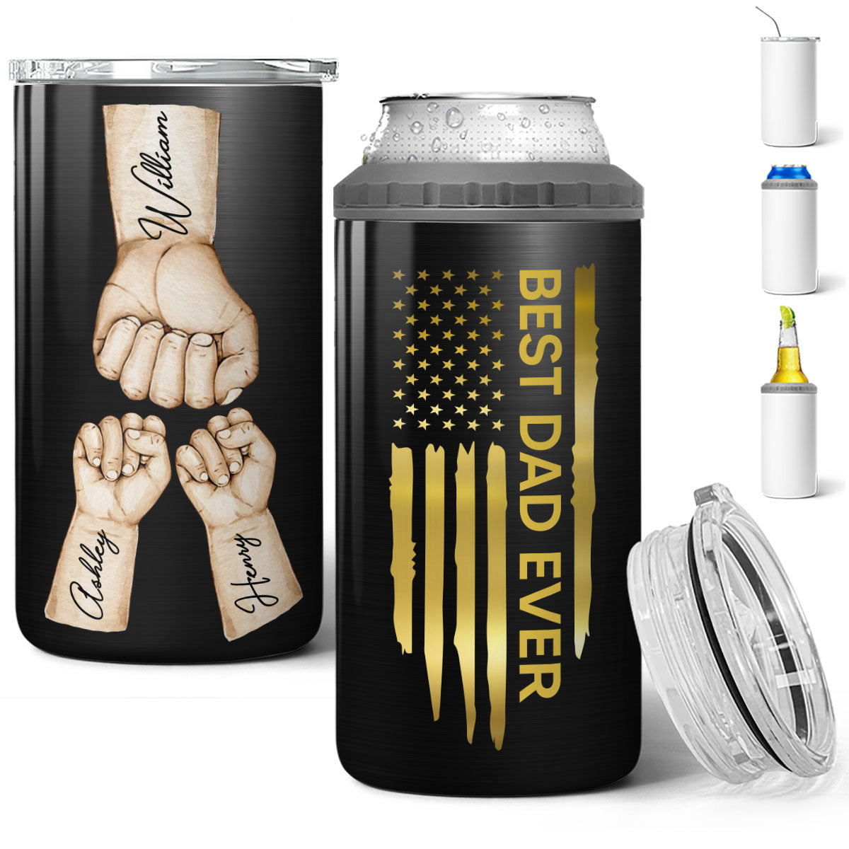 Best Dad Papa Grandpa Ever Fist Bumps Watercolor Nation Flag Gift For Husband Father Figures Personalized 4 In 1 Can Cooler