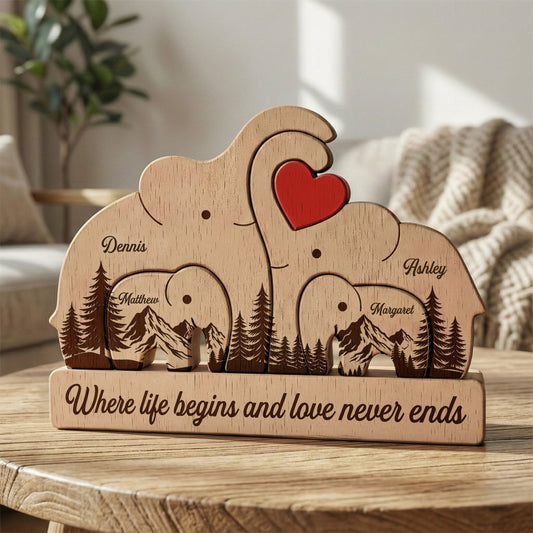 Father's Day Gifts, Wooden Elephant Family Puzzle Father's Day Gift For Dad, Husband - Personalized Puzzle