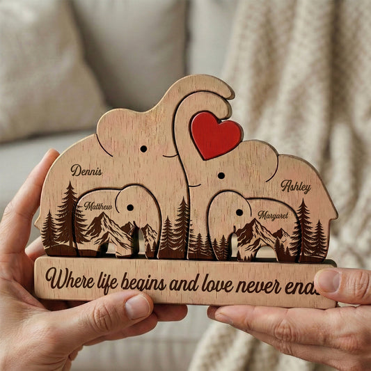 Father's Day Gifts, Wooden Elephant Family Puzzle Father's Day Gift For Dad, Husband - Personalized Puzzle
