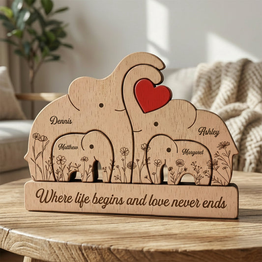 Wooden Elephant Family Puzzle Mother's Day Gift For Mom, Mum, Wife - Personalized Puzzle