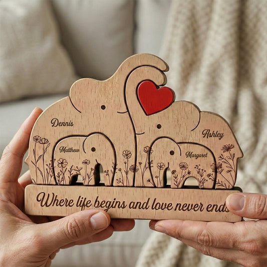 Wooden Elephant Family Puzzle Mother's Day Gift For Mom, Mum, Wife - Personalized Puzzle
