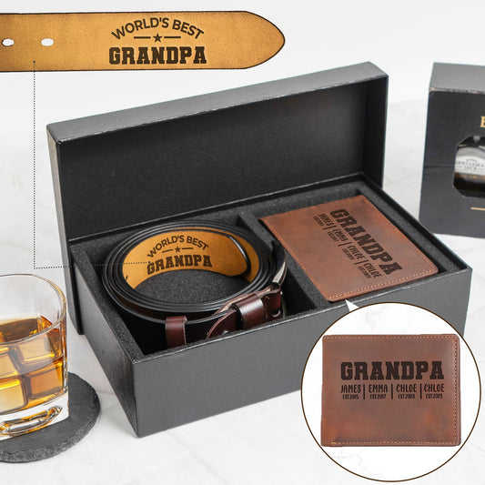 Father's Day Gifts, World's Best Grandpa - Father's Day Leather Gift Box Set