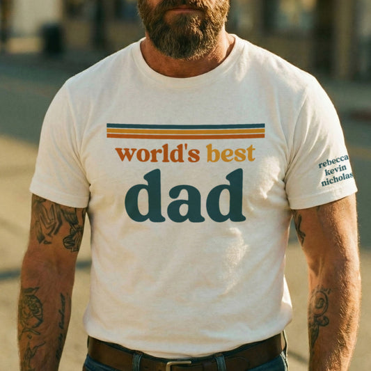 Father's Day Gifts, World’s Best Dad Retro 70s Vintage Father’s Day Gift With Kids’ Names - Personalized Shirt