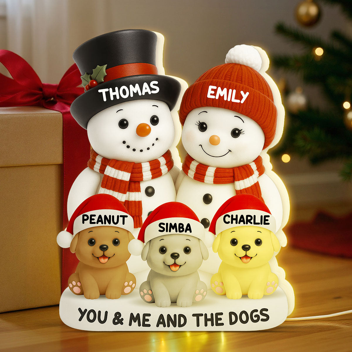 Christmas Snowman Couple You Me And The Dogs Cats- Personalized Light Box - Gift For Dog Cat Lovers