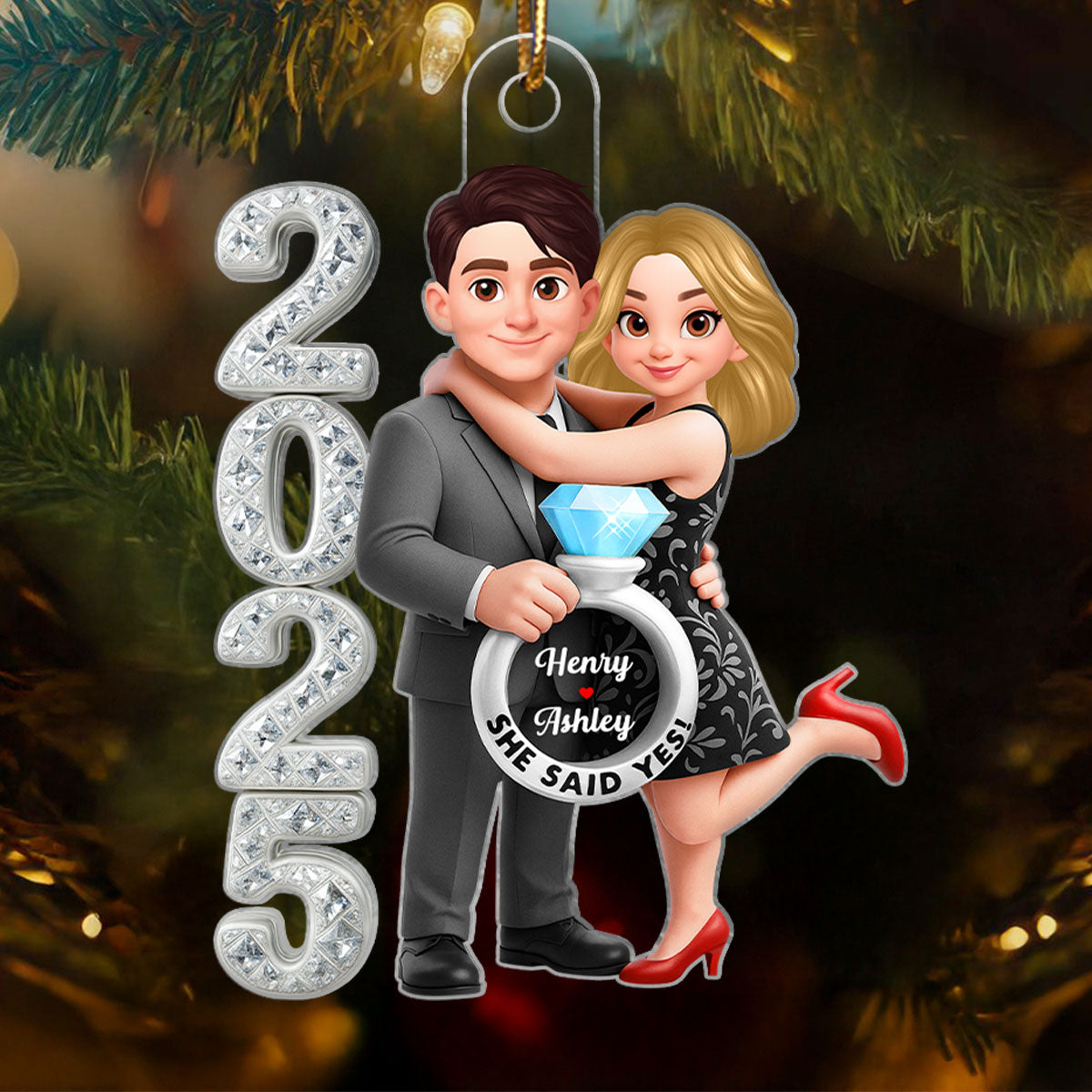 3D Crystal Effect Marriage Proposal Couple - Personalized Acrylic Ornament - Newly Engaged Gift, ""She Said Yes!"" Ornament