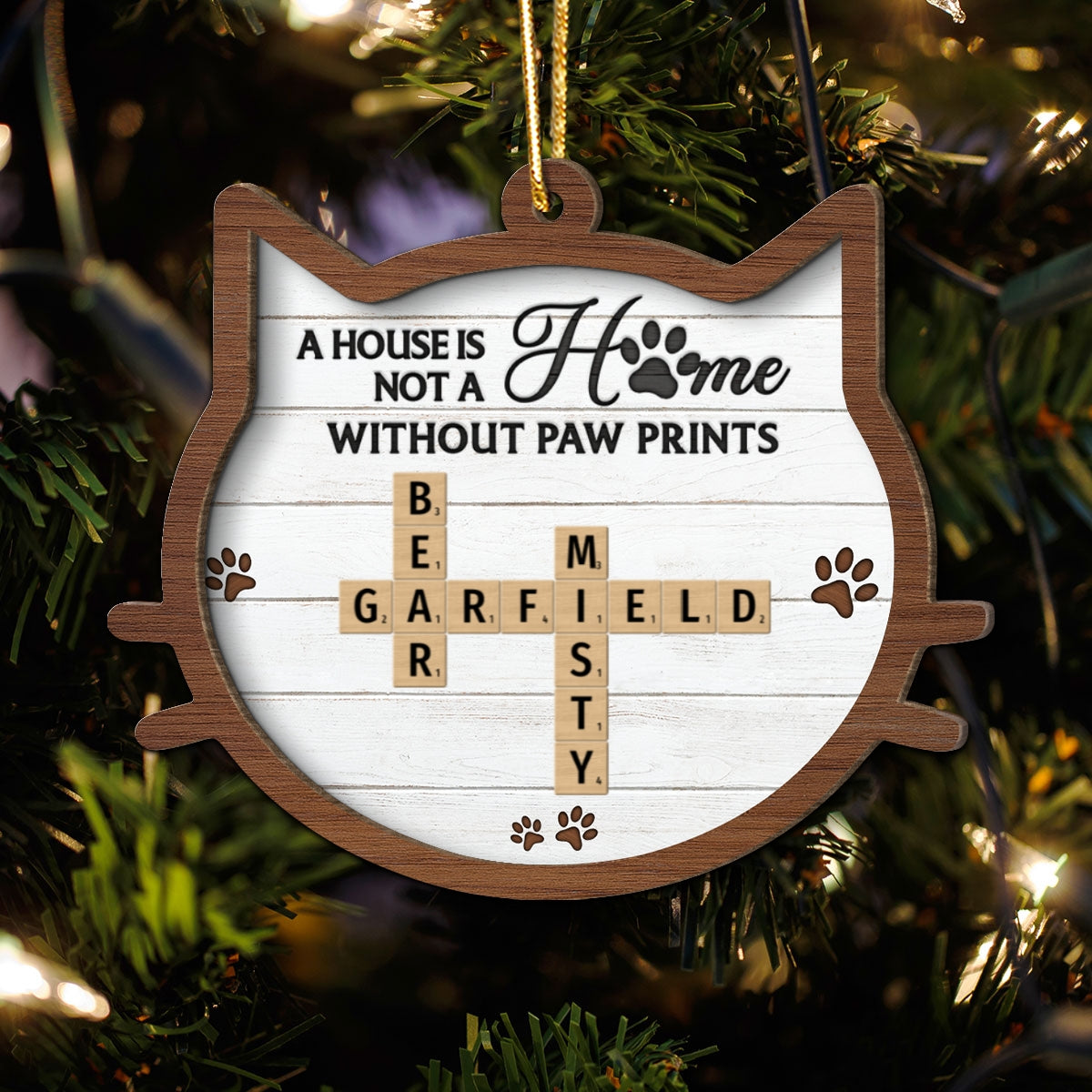 Cat Face Shape A House Is Not A Home Without Paw Prints Crossword Art Personalized 2-Layer Wooden Ornament