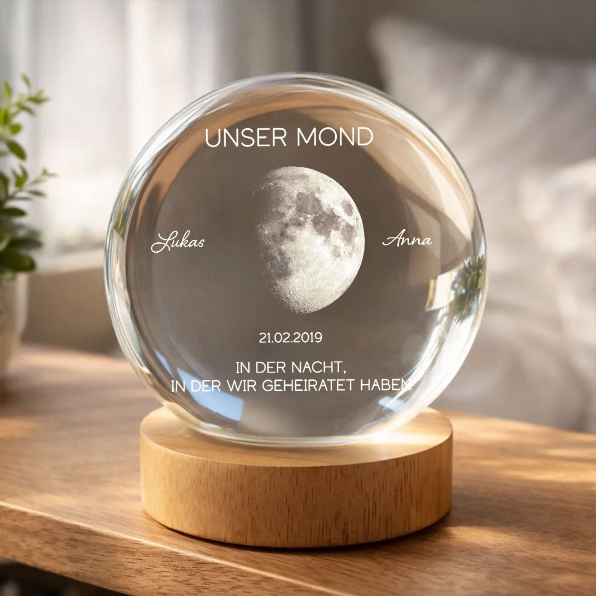 Unser Mond zum Wunschdatum – Personalisierte Mondphase – Kristallkugel Nachtlicht – Jahrestagsgeschenk fr Sie & Ihn