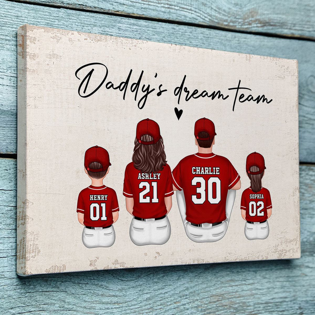 Daddy's Team Baseball Family Sitting Personalized Canvas, Gift For Dad, Grandpa, Husband