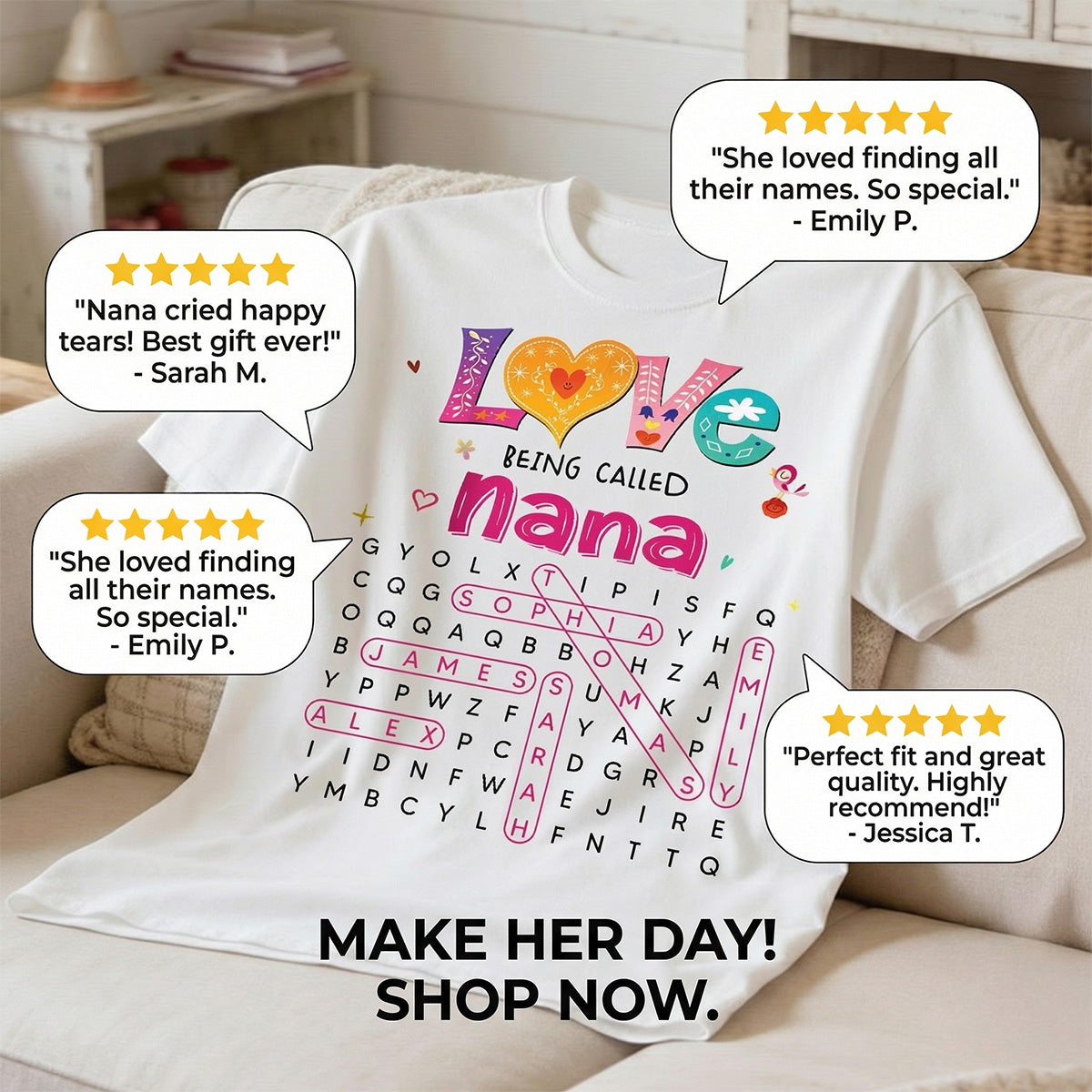 Love Being Called Grandma Colorful Word Search Puzzle - Personalized Shirt - Mother's Day Gift For Grandma Mom